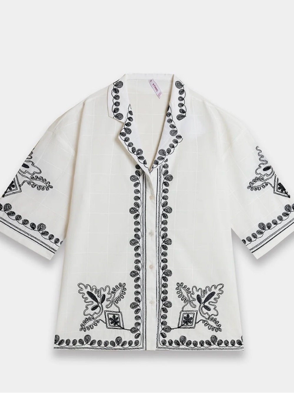 Ethnc White Short-Sleeve Embroidered Button-Up Shirt with Black Trim